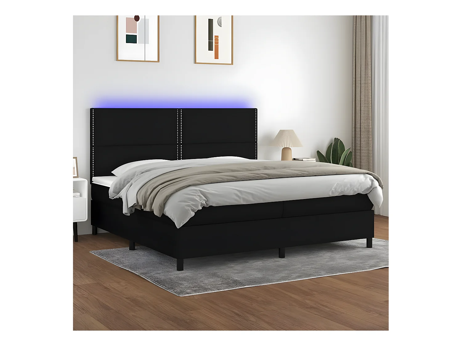 Sommier tapissier et matelas et LED Noir 200x200 cm Tissu