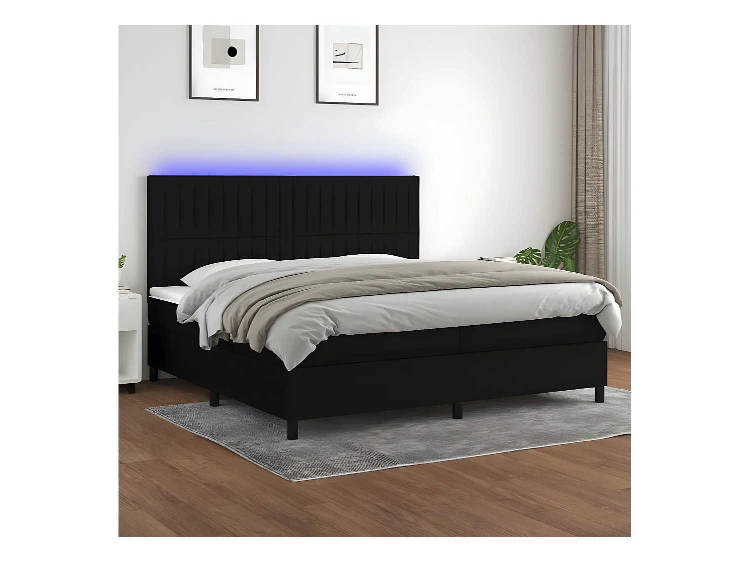 Cama box spring c/ colchão e LED 200x200 cm tecido preto