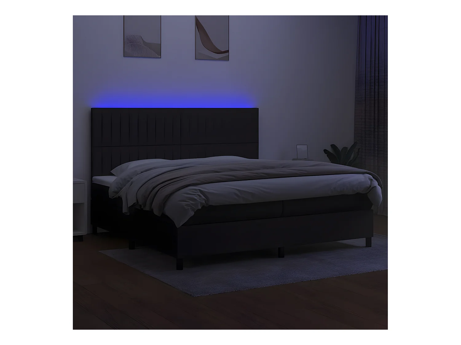 Cama box spring c/ colchão e LED 200x200 cm tecido preto