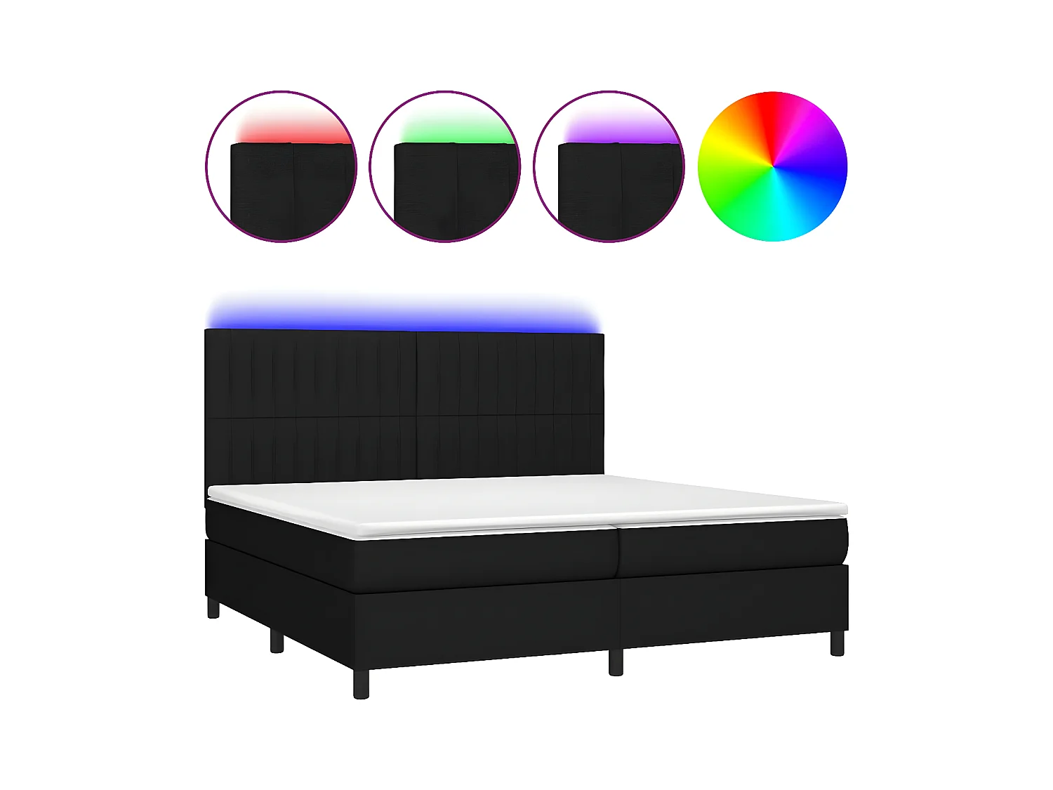 Cama box spring c/ colchão e LED 200x200 cm tecido preto