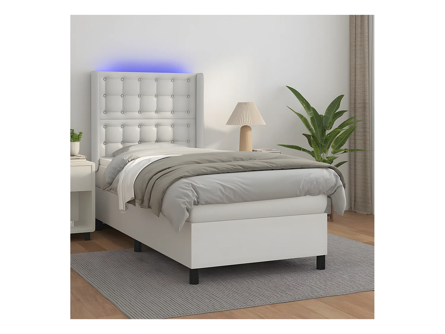 Sommier tapissier et matelas et LED Blanc 100x200 cm Similicuir