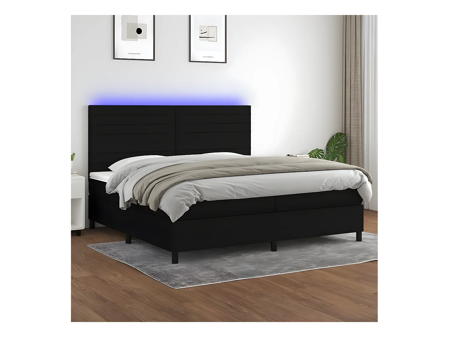 Cama box spring colchón y luces LED tela negro 200x200 cm