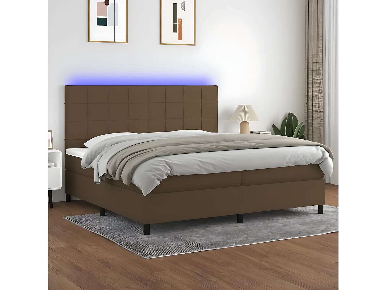 Cama box spring colchón luces LED tela marrón oscuro 200x200 cm