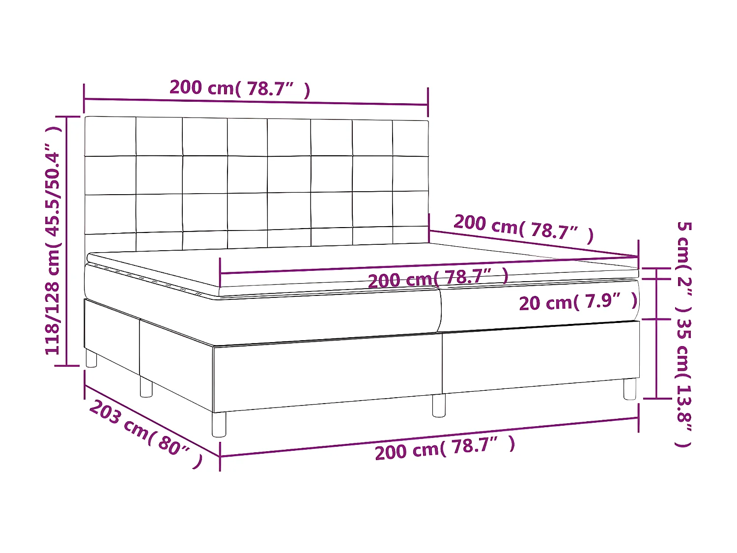 Cama box spring colchón luces LED tela marrón oscuro 200x200 cm