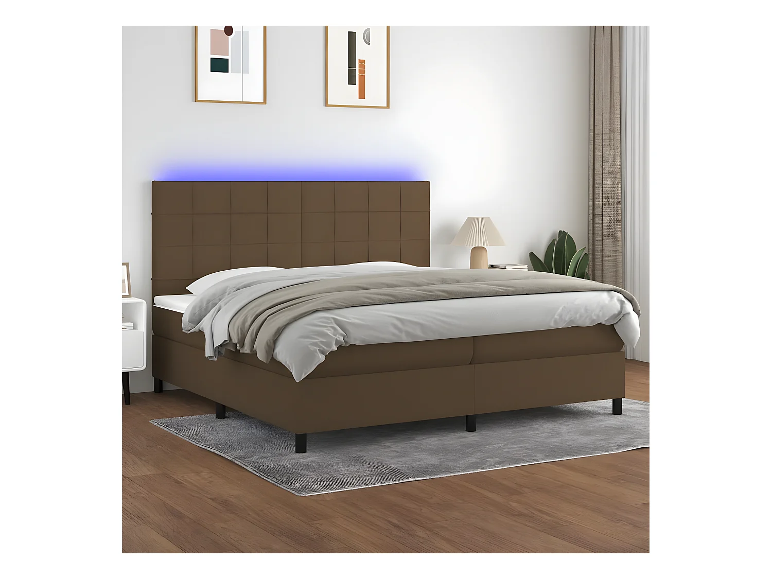 Cama box spring colchón luces LED tela marrón oscuro 200x200 cm