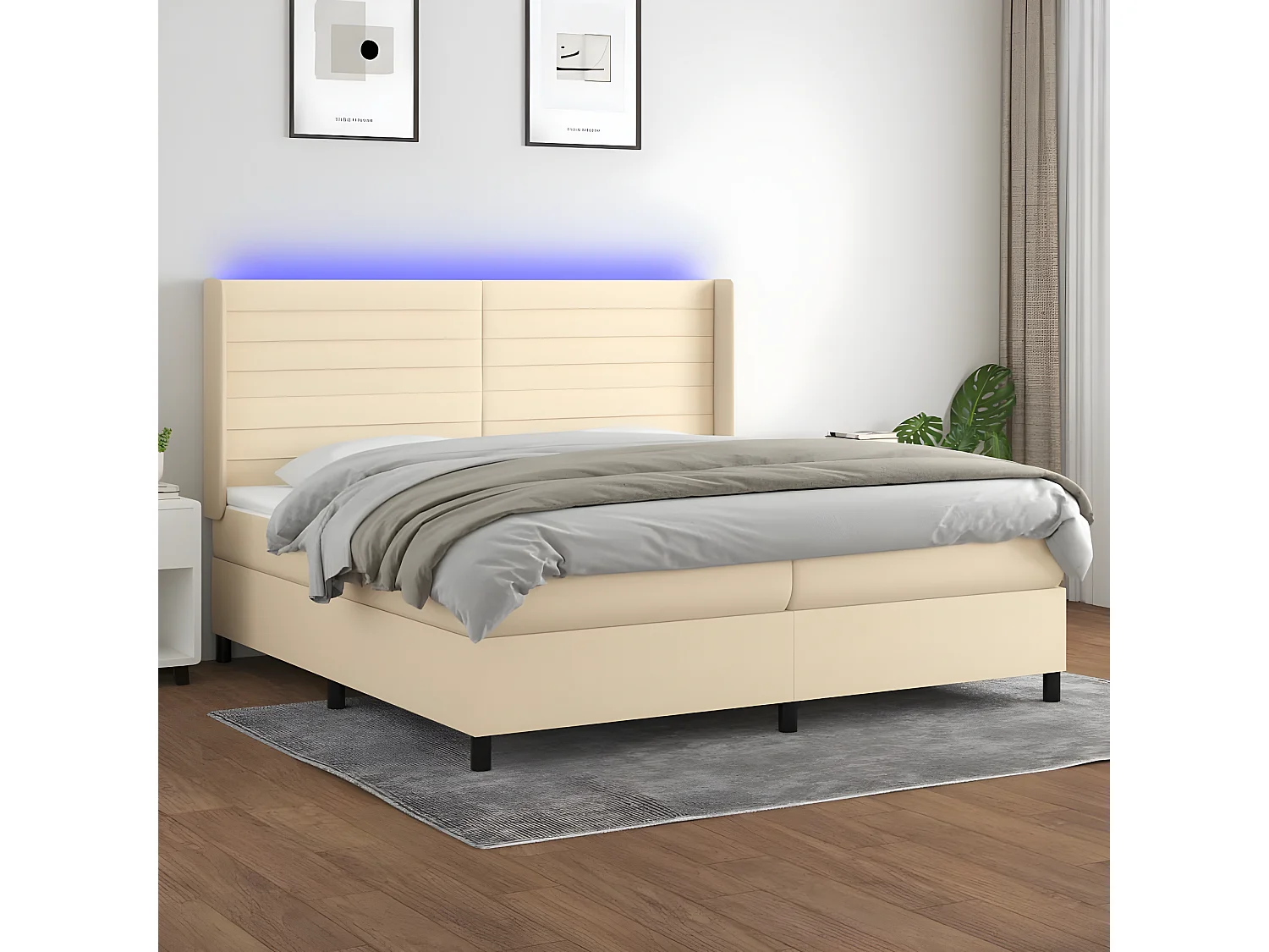 Cama box spring c/ colchão e LED 200x200 cm tecido cor creme