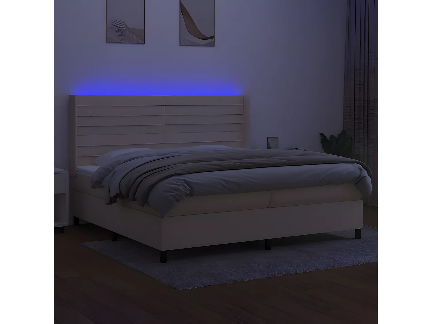 Cama box spring c/ colchão e LED 200x200 cm tecido cor creme