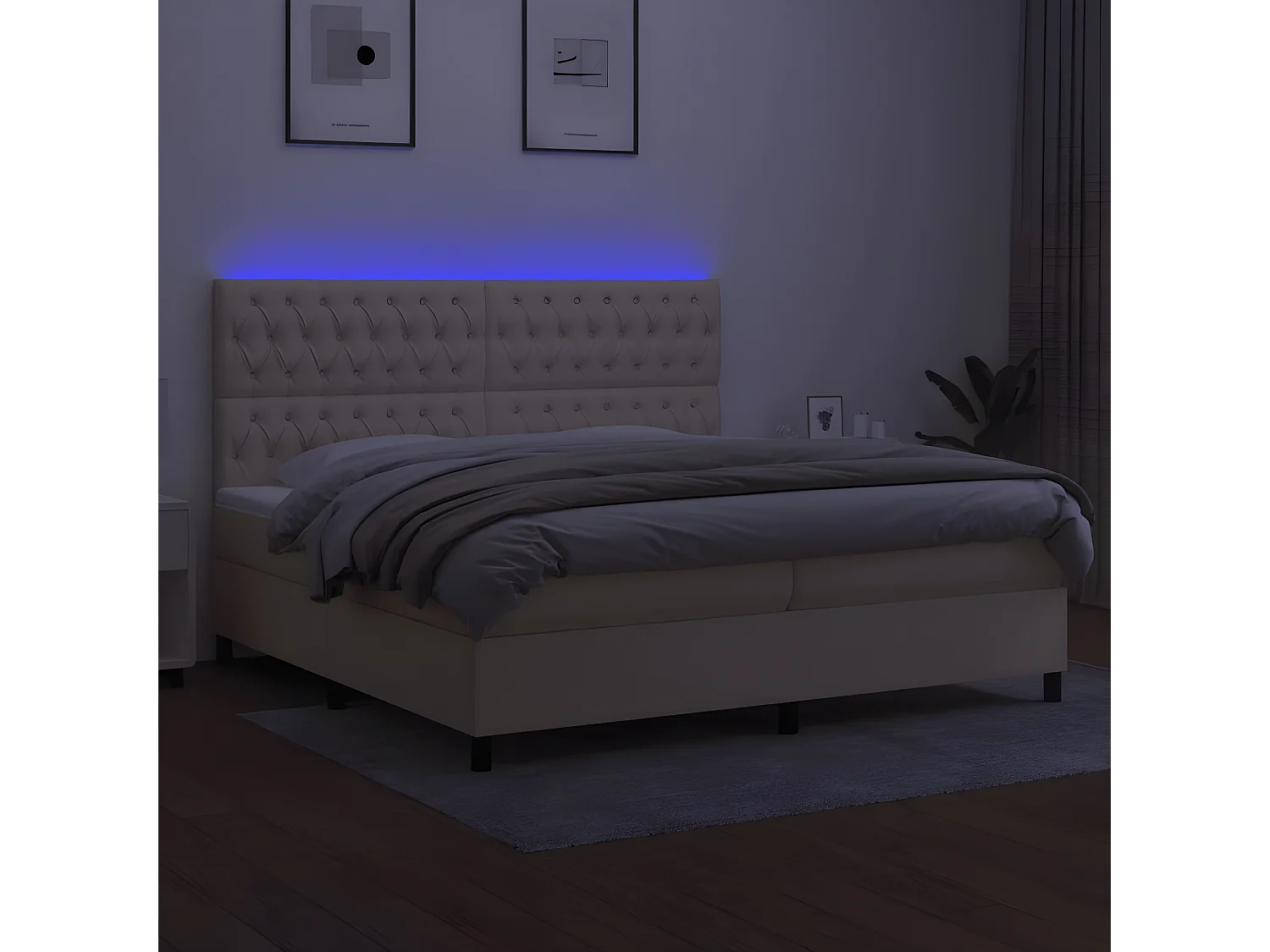 Cama box spring c/ colchão e LED 200x200 cm tecido cor creme