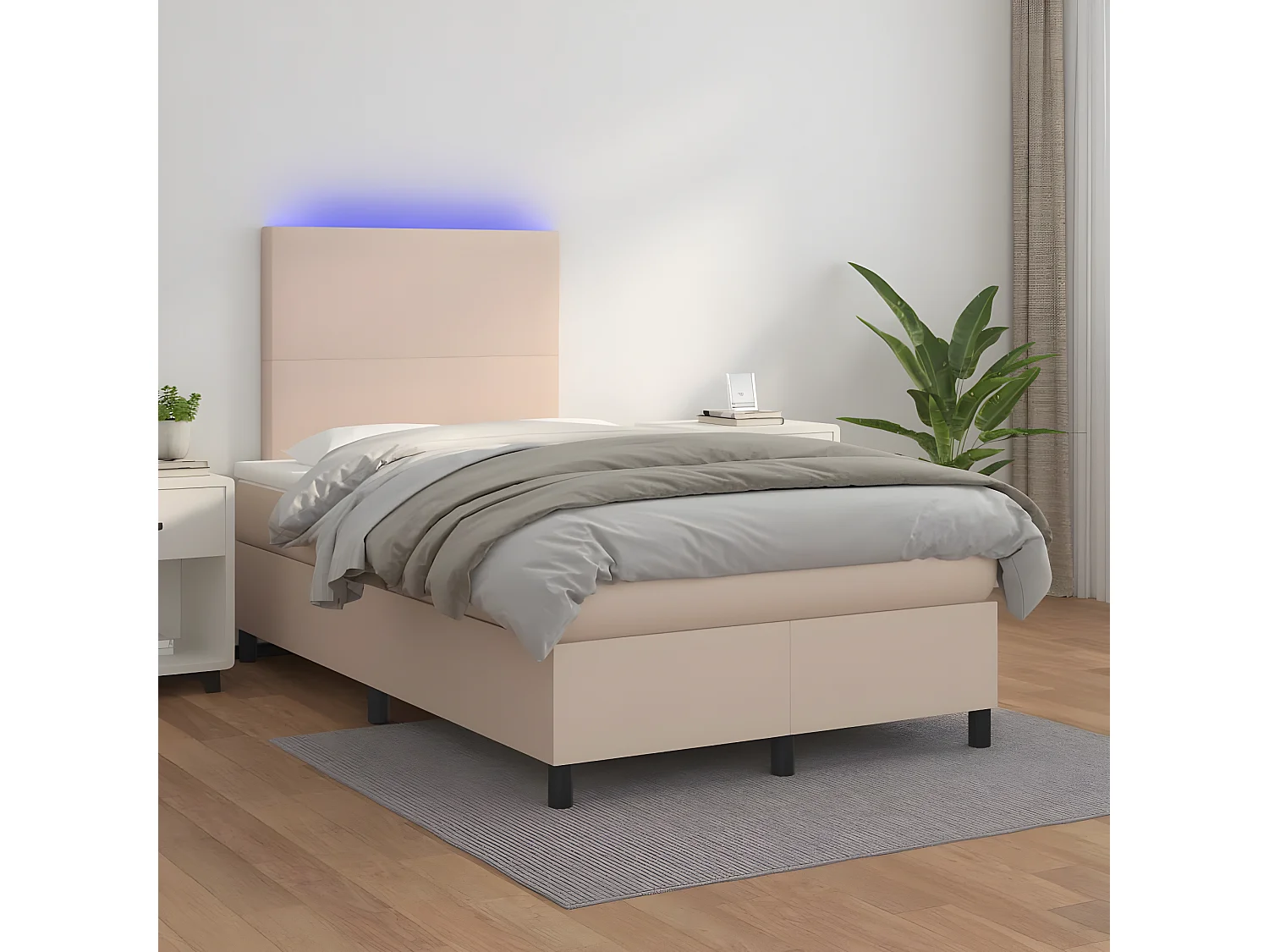 Cama box spring c/colchão/LED 120x200cm couro artif. cappuccino