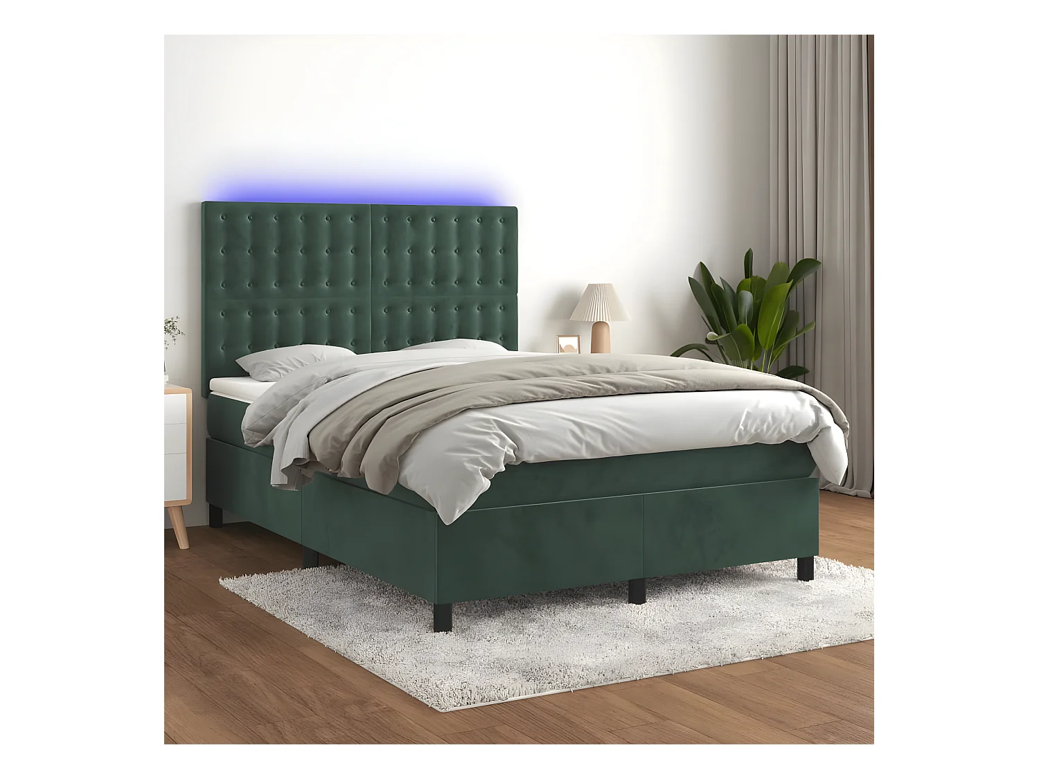 Cama box spring colchón y LED terciopelo verde oscuro 140x200cm