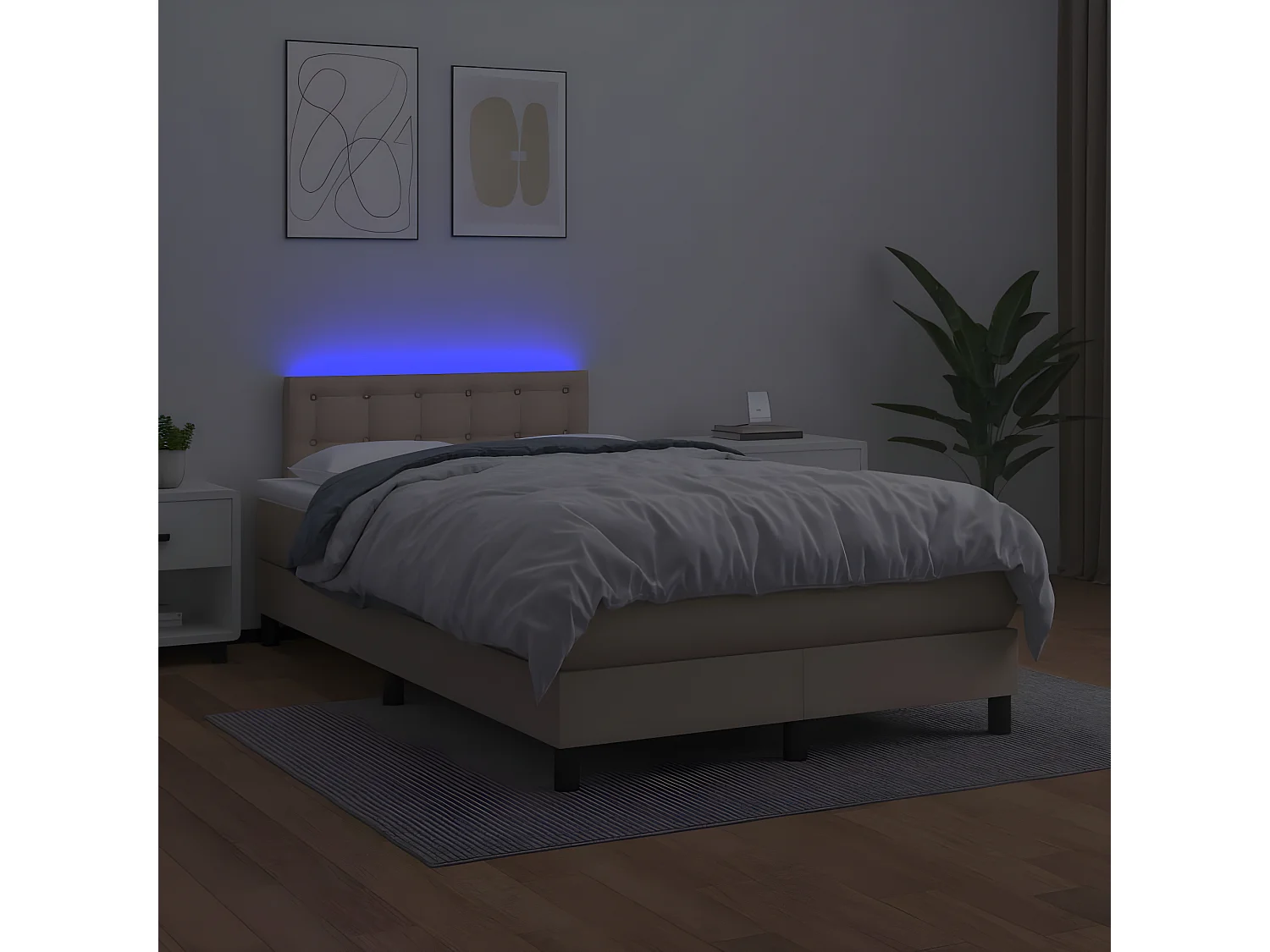 Cama box spring c/colchão/LED 120x200cm couro artif. cappuccino