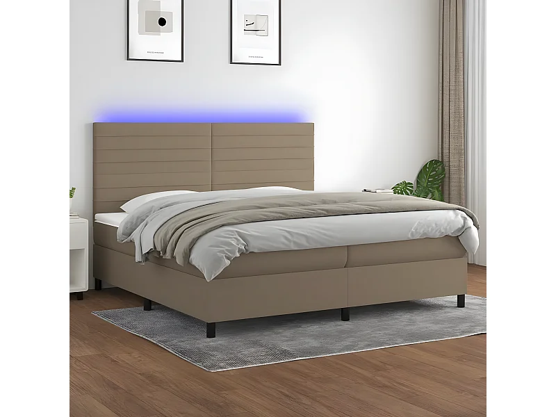 Cama box spring colchón y luces LED tela gris taupe 200x200 cm
