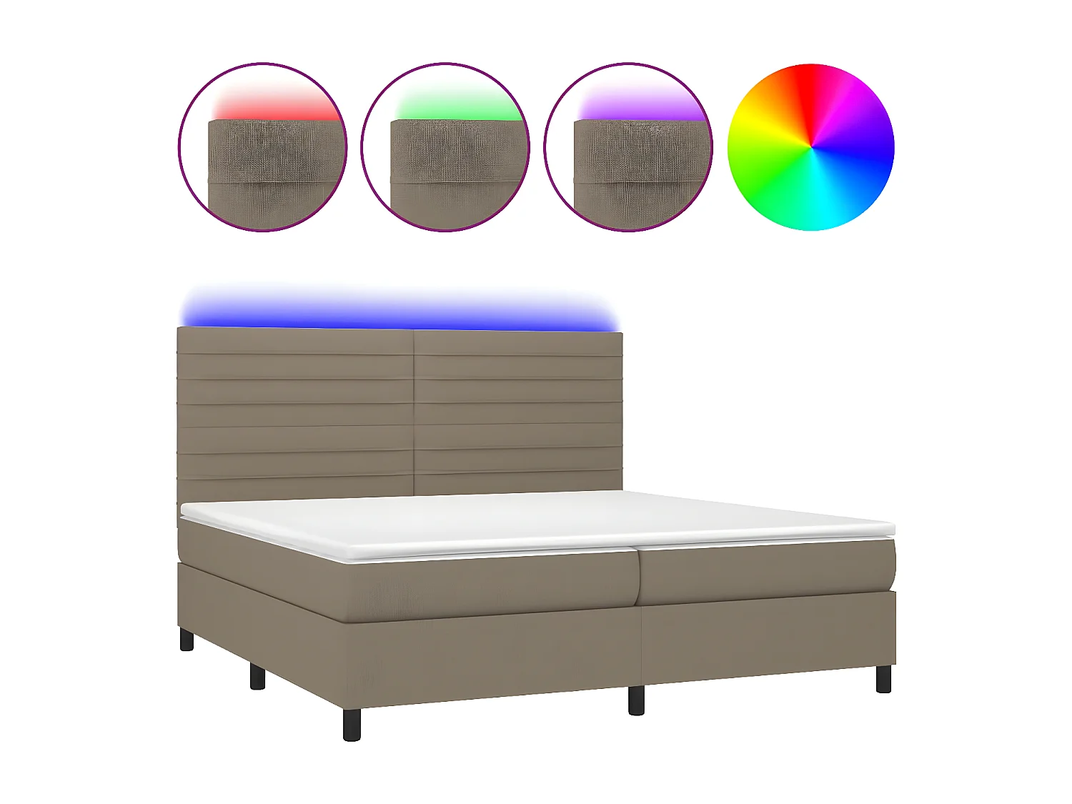 Cama box spring colchón y luces LED tela gris taupe 200x200 cm