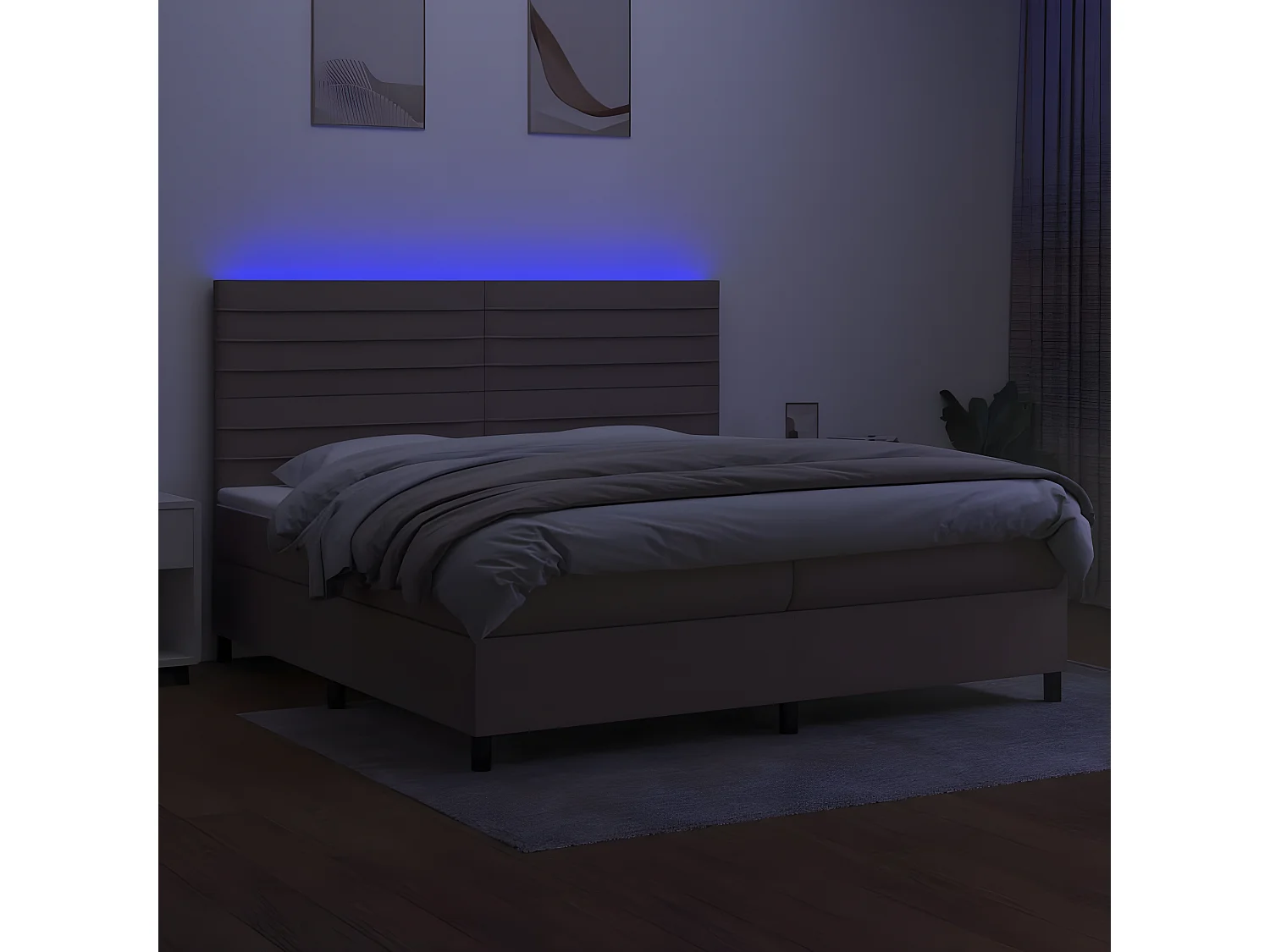 Cama box spring colchón y luces LED tela gris taupe 200x200 cm