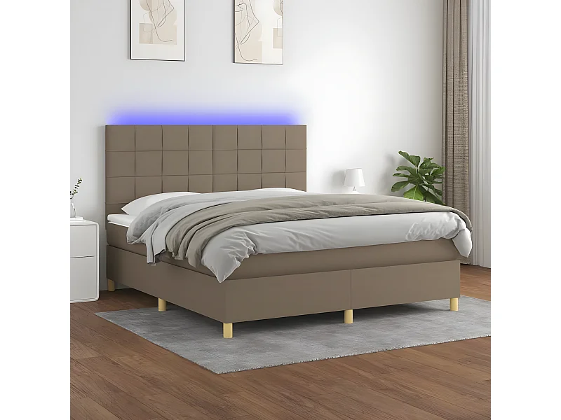 Cama box spring colchón y luces LED tela gris taupe 180x200 cm