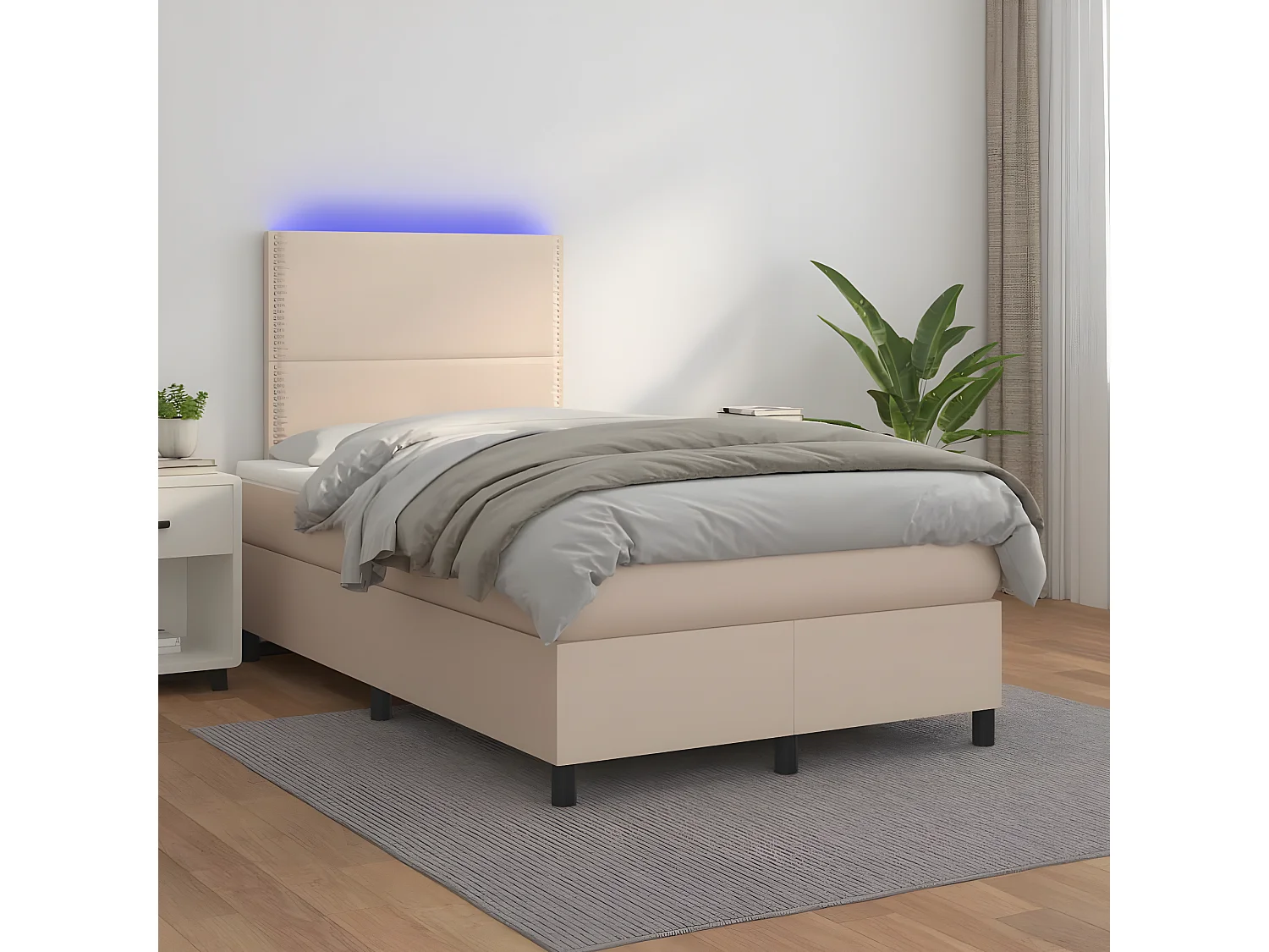 Cama box spring c/colchão/LED 120x200cm couro artif. cappuccino