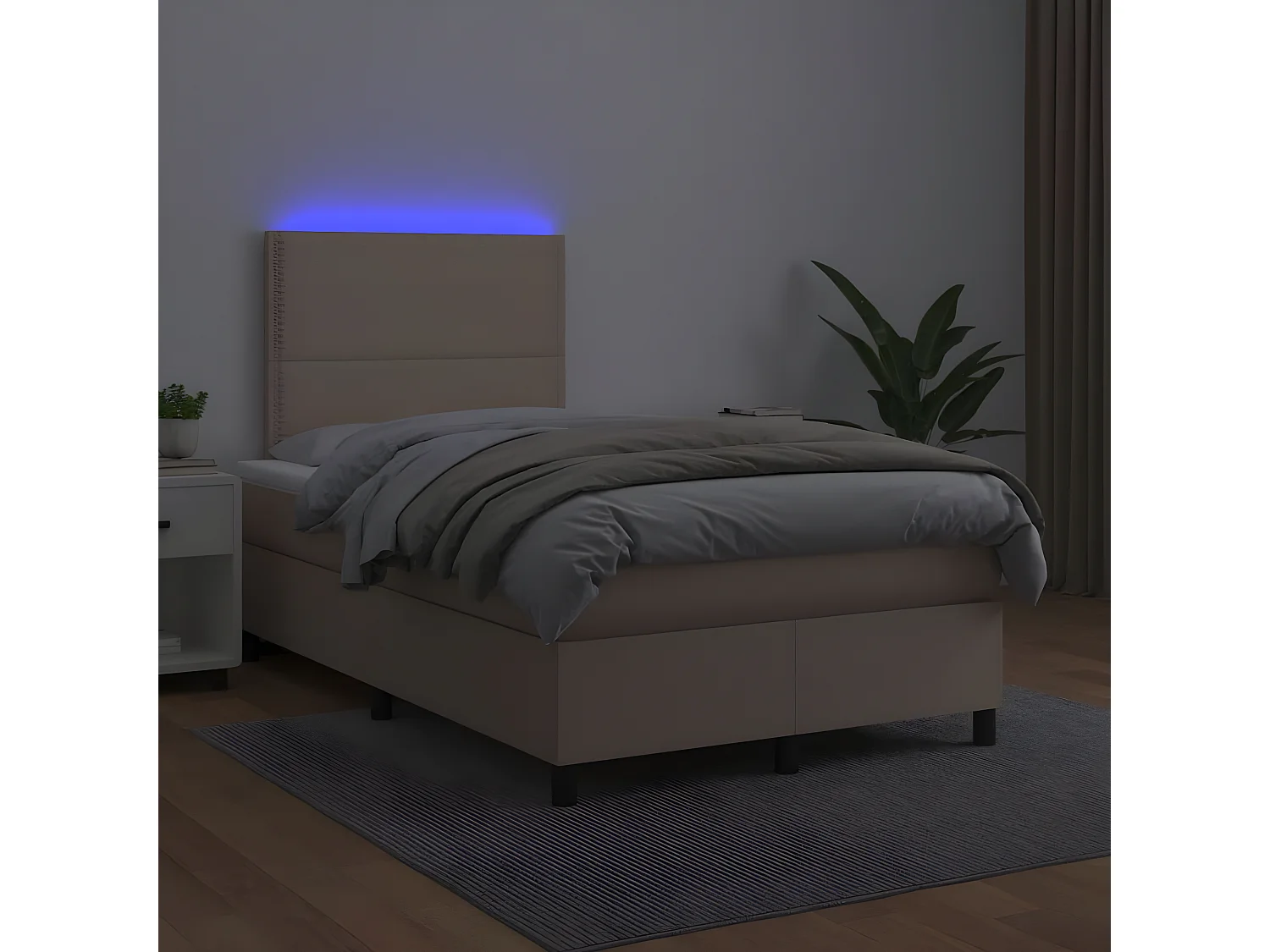 Cama box spring c/colchão/LED 120x200cm couro artif. cappuccino