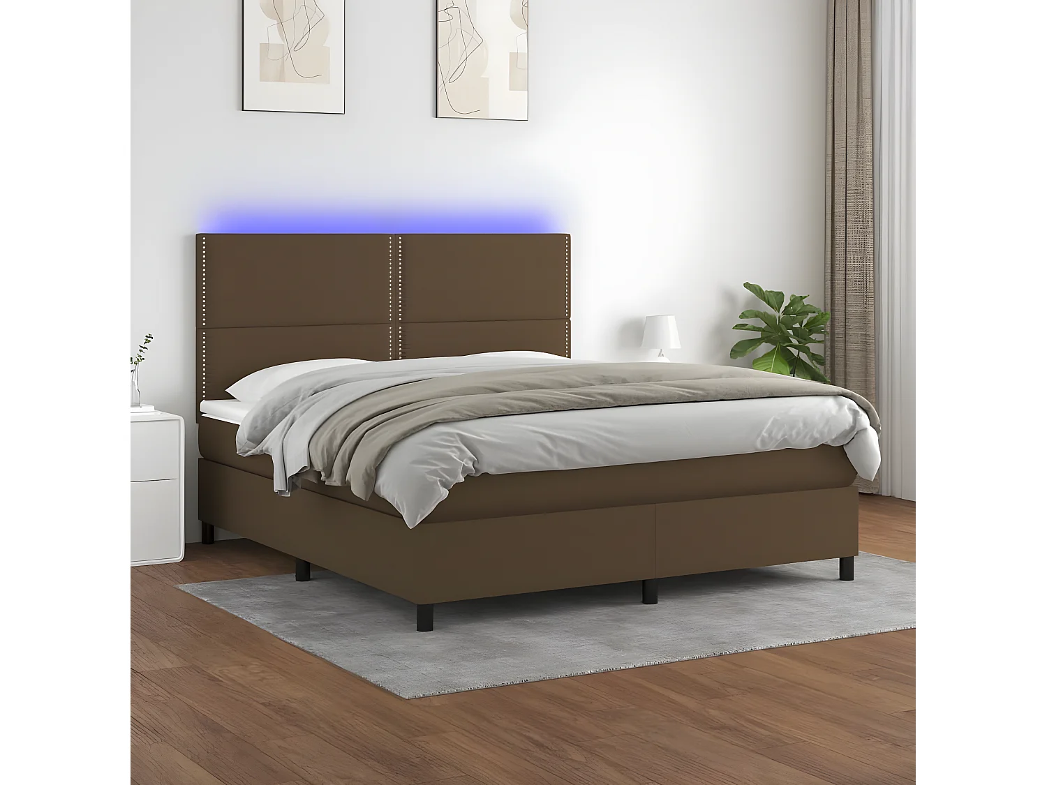 Sommier tapissier matelas et LED Marron foncé 160x200 cm Tissu