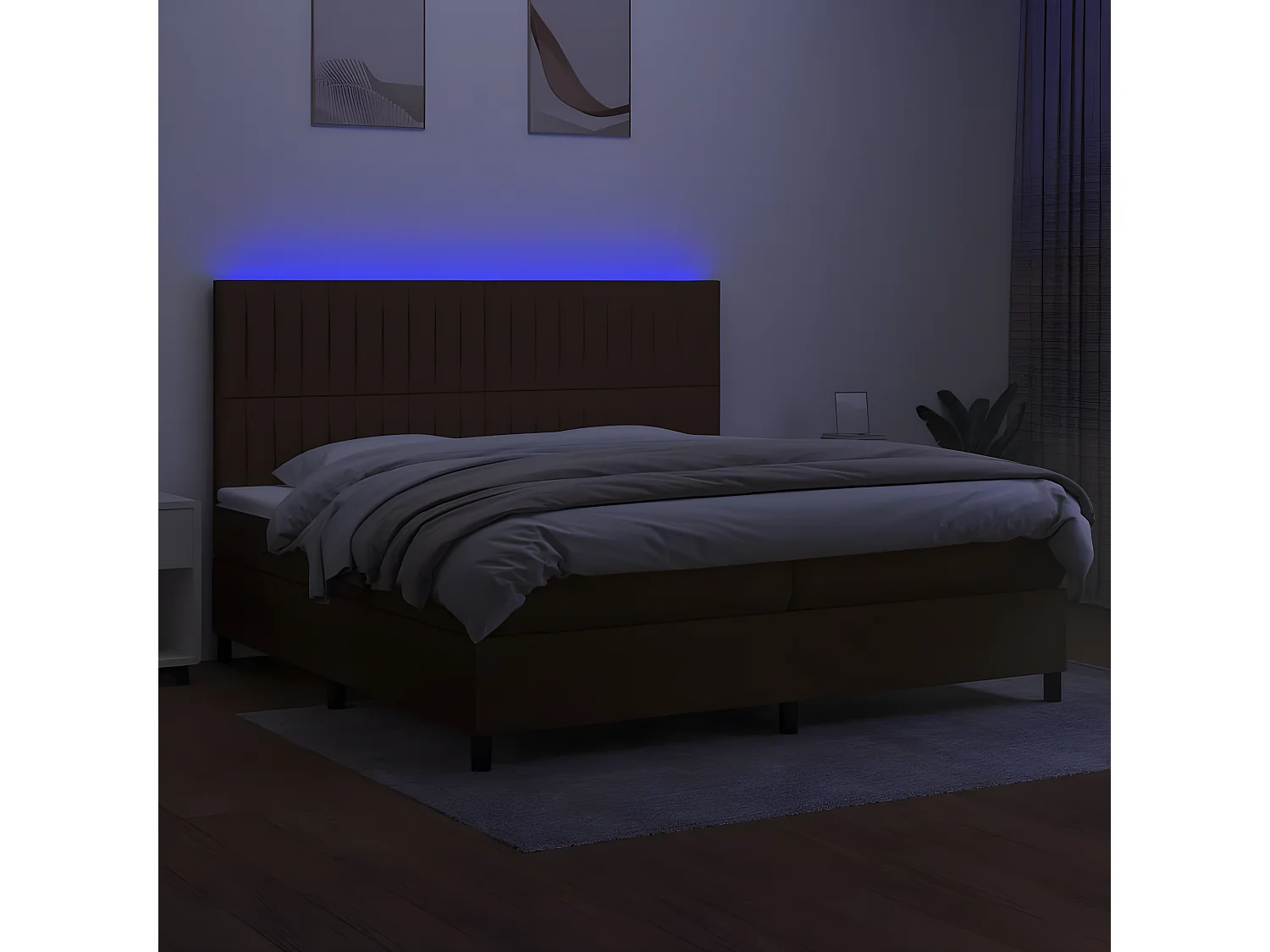 Cama box spring c/ colchão/LED 200x200cm tecido castanho-escuro