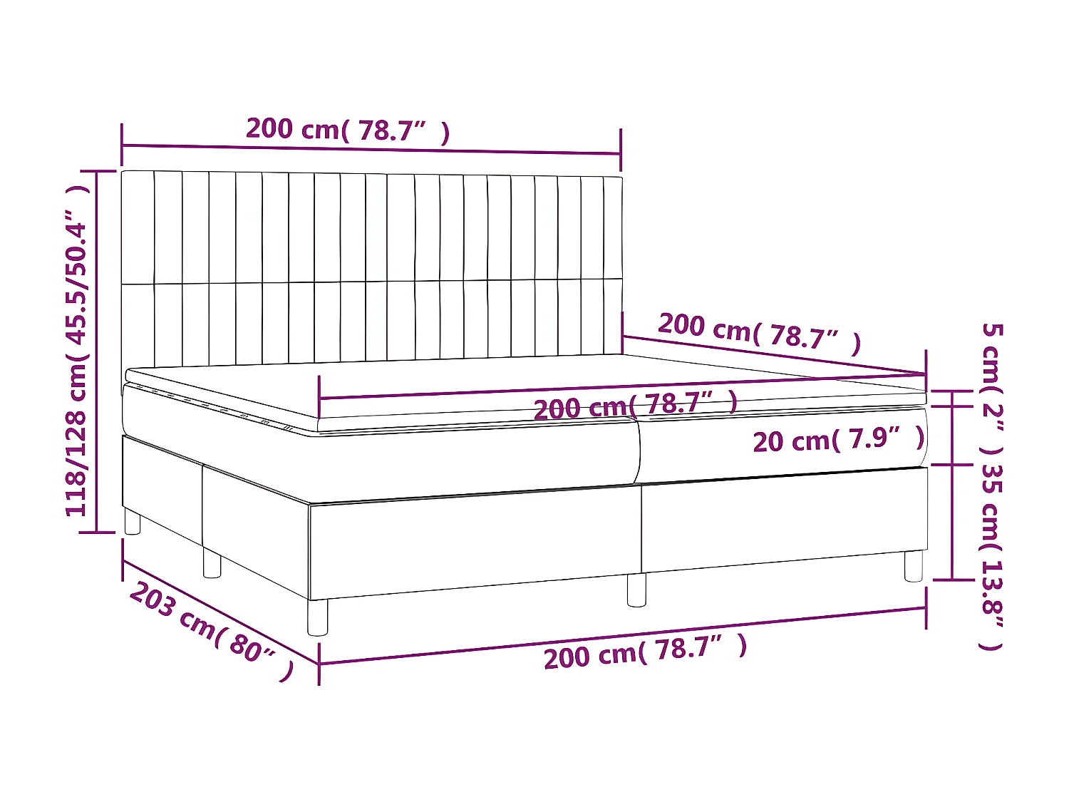 Cama box spring c/ colchão/LED 200x200cm tecido castanho-escuro
