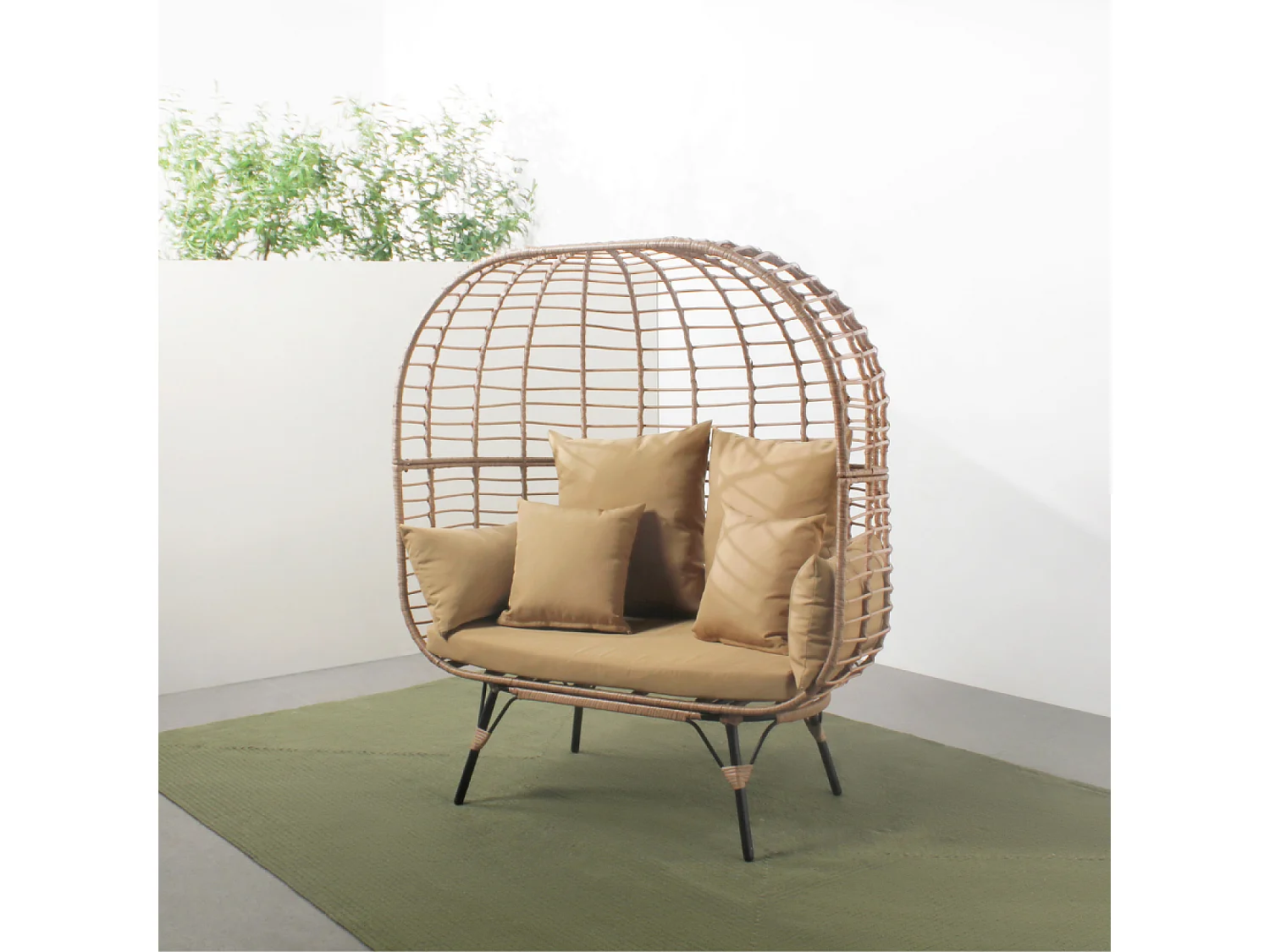 Conjunto de jardim 4 lugares em resina com efeito de vime JANE com almofadas confortáveis