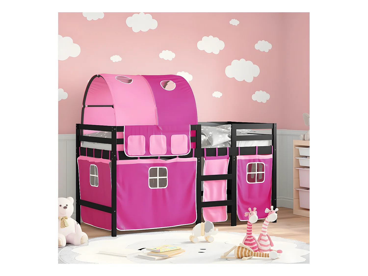 Cama alta para criança com túnel 90x190 cm pinho maciço rosa