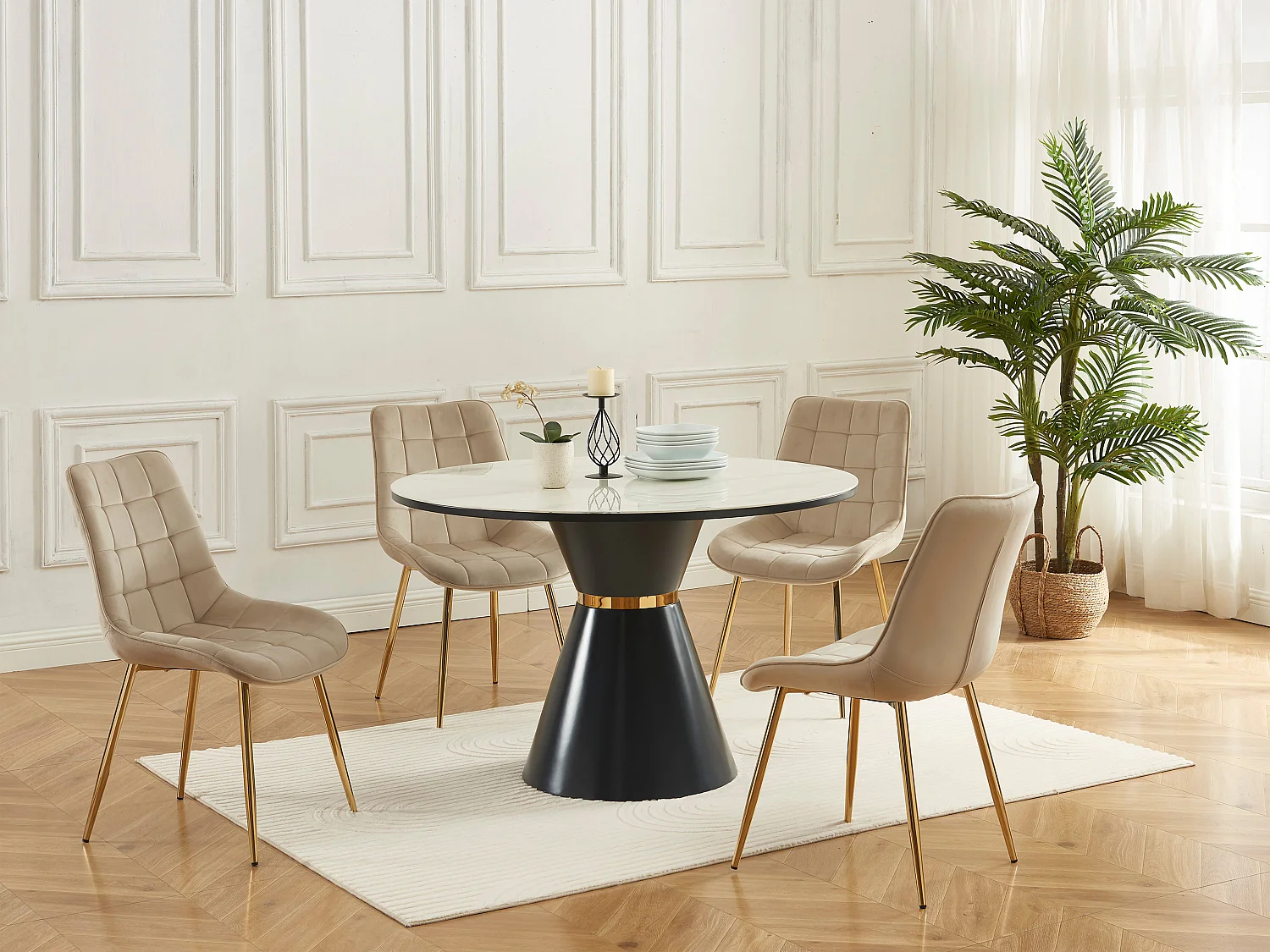 Conjunto de 6 sillas acolchadas de terciopelo y metal dorado - Beige - OLLUA