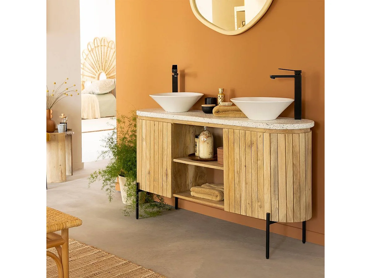 Mueble bajo lavabo de madera de mango y terrazo Lou - 2 lavabos - Con almacenamiento - Diseño contemporáneo