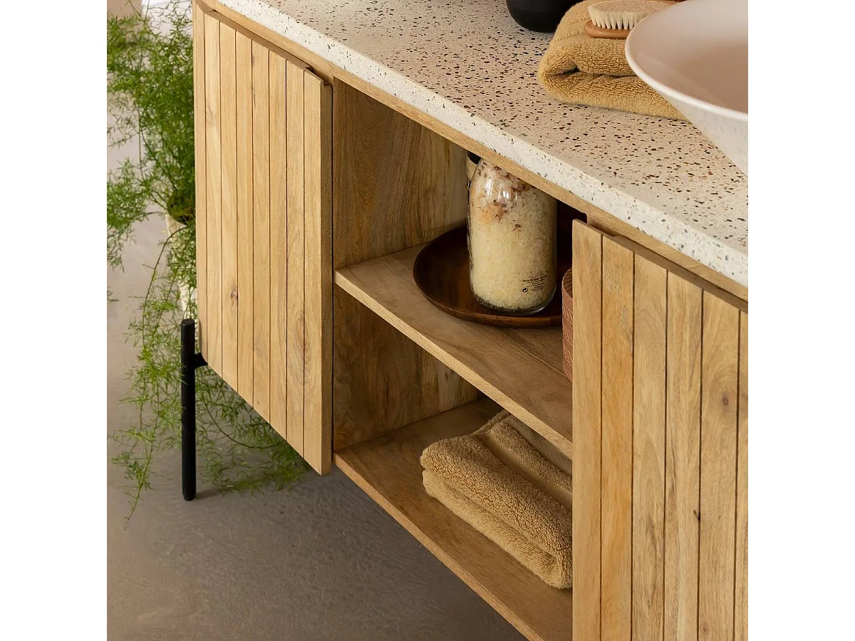 Mueble bajo lavabo de madera de mango y terrazo Lou - 2 lavabos - Con almacenamiento - Diseño contemporáneo