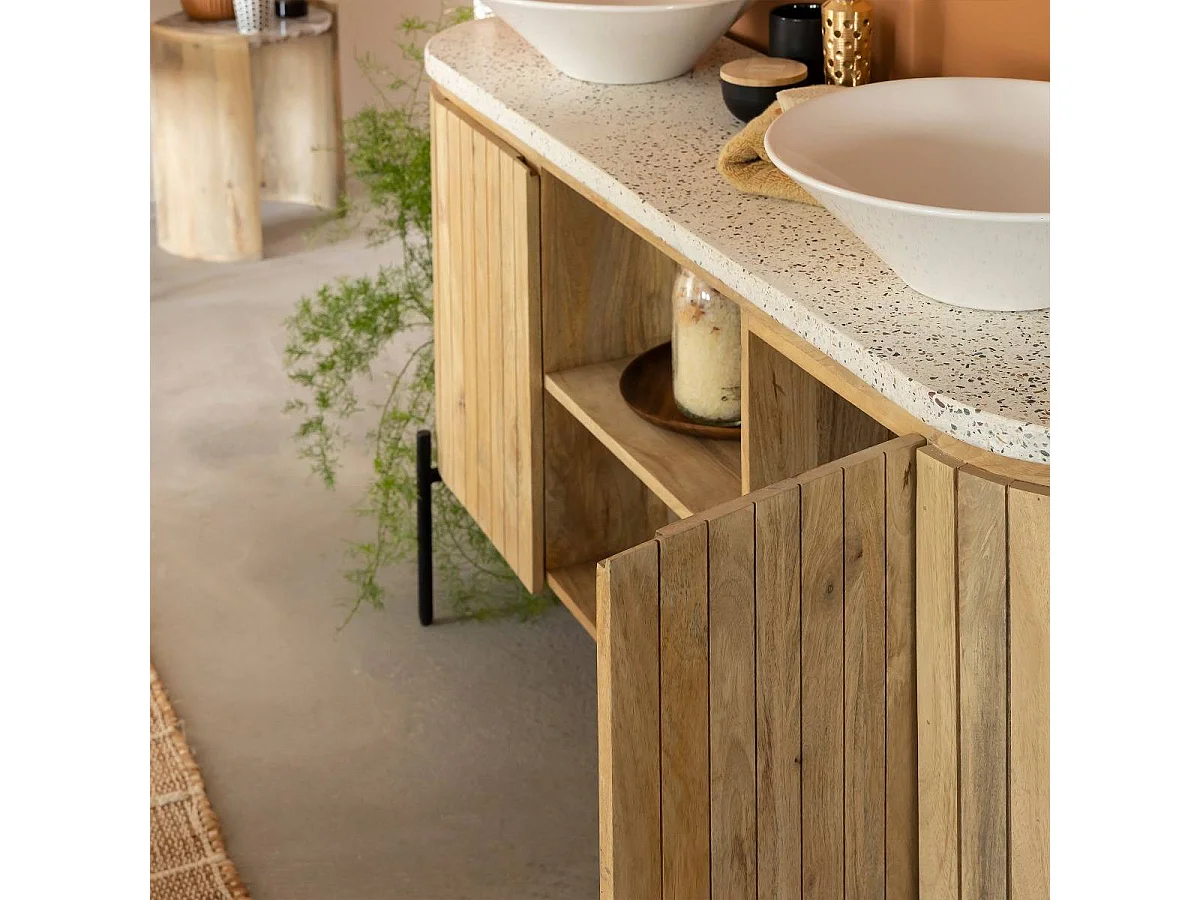 Mueble bajo lavabo de madera de mango y terrazo Lou - 2 lavabos - Con almacenamiento - Diseño contemporáneo