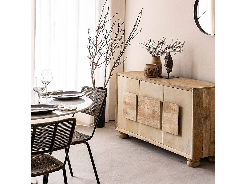 Buffet de madera de mango Adara con 3 puertas y manijas originales