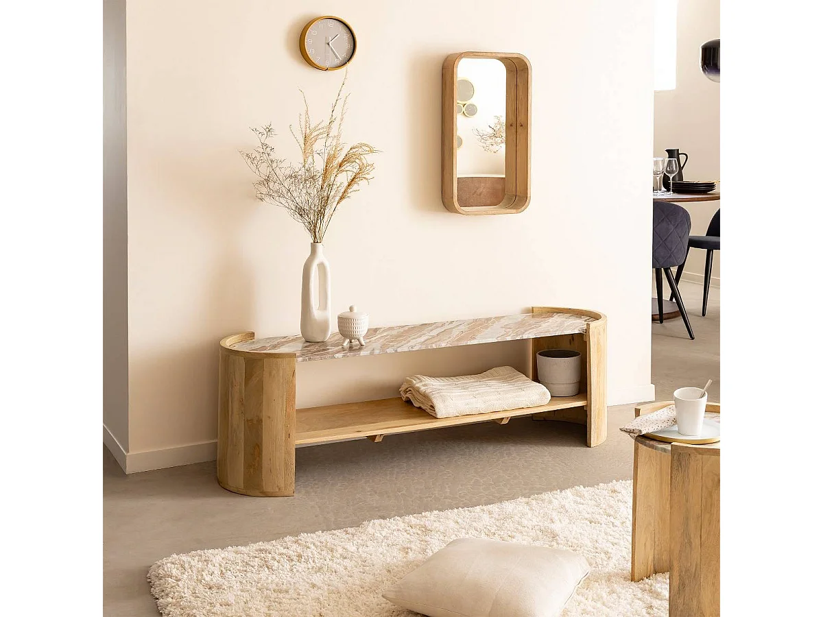 Table basse ovale en bois de manguier et marbre Isabella