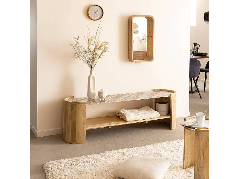 Table basse ovale en bois de manguier et marbre Isabella