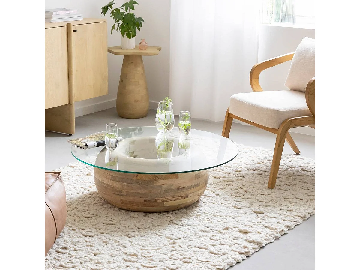 Mesa de centro de madera de mango y vidrio Nerys con almacenamiento