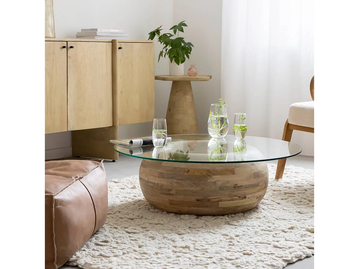 Mesa de centro de madera de mango y vidrio Nerys con almacenamiento