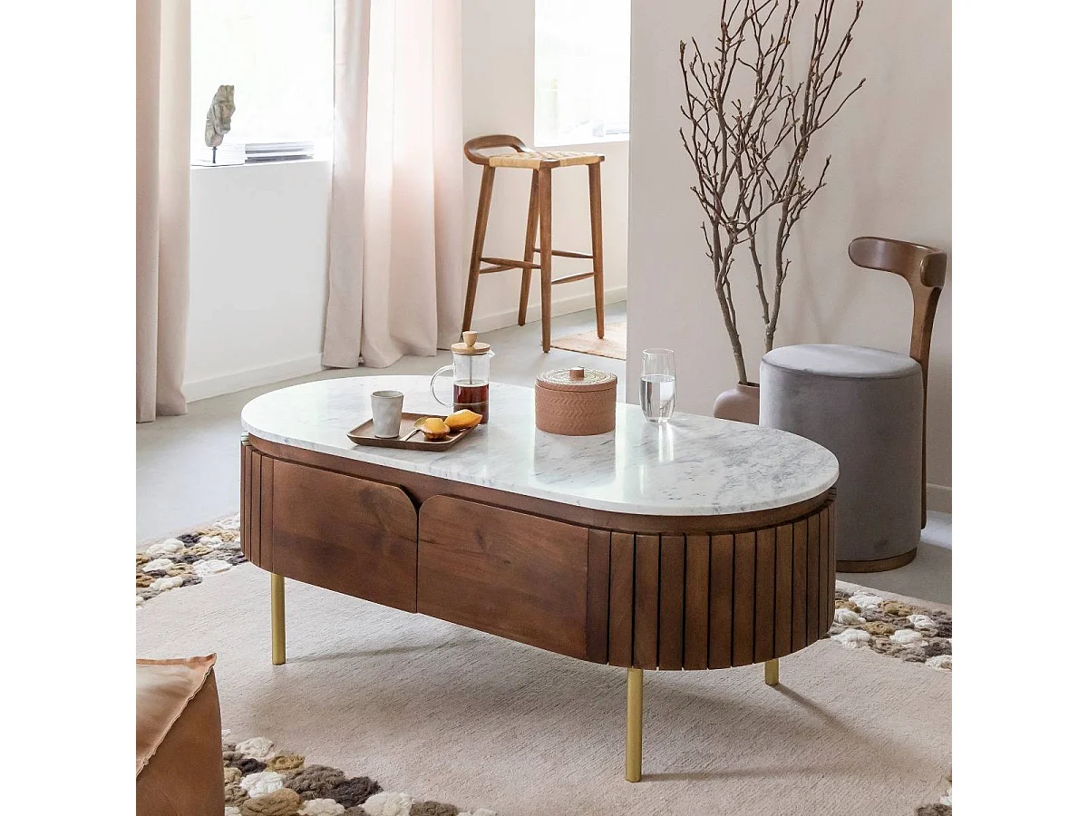 Table basse en bois de manguier et marbre Sienne