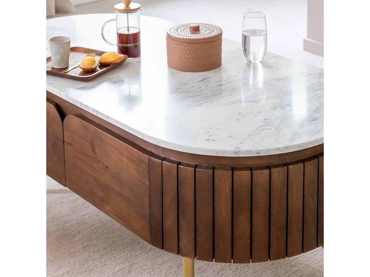 Table basse en bois de manguier et marbre Sienne