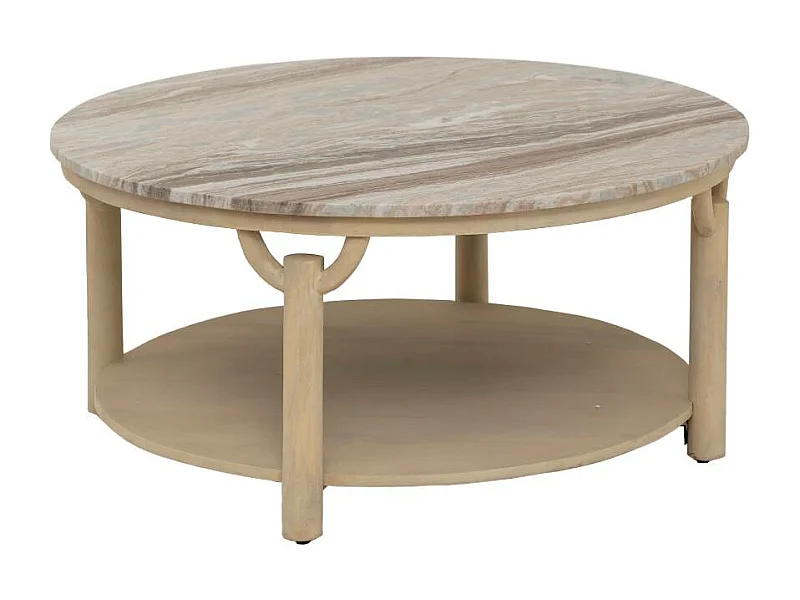 Mesa de centro redonda de madera de mango y mármol Isabella con almacenamiento