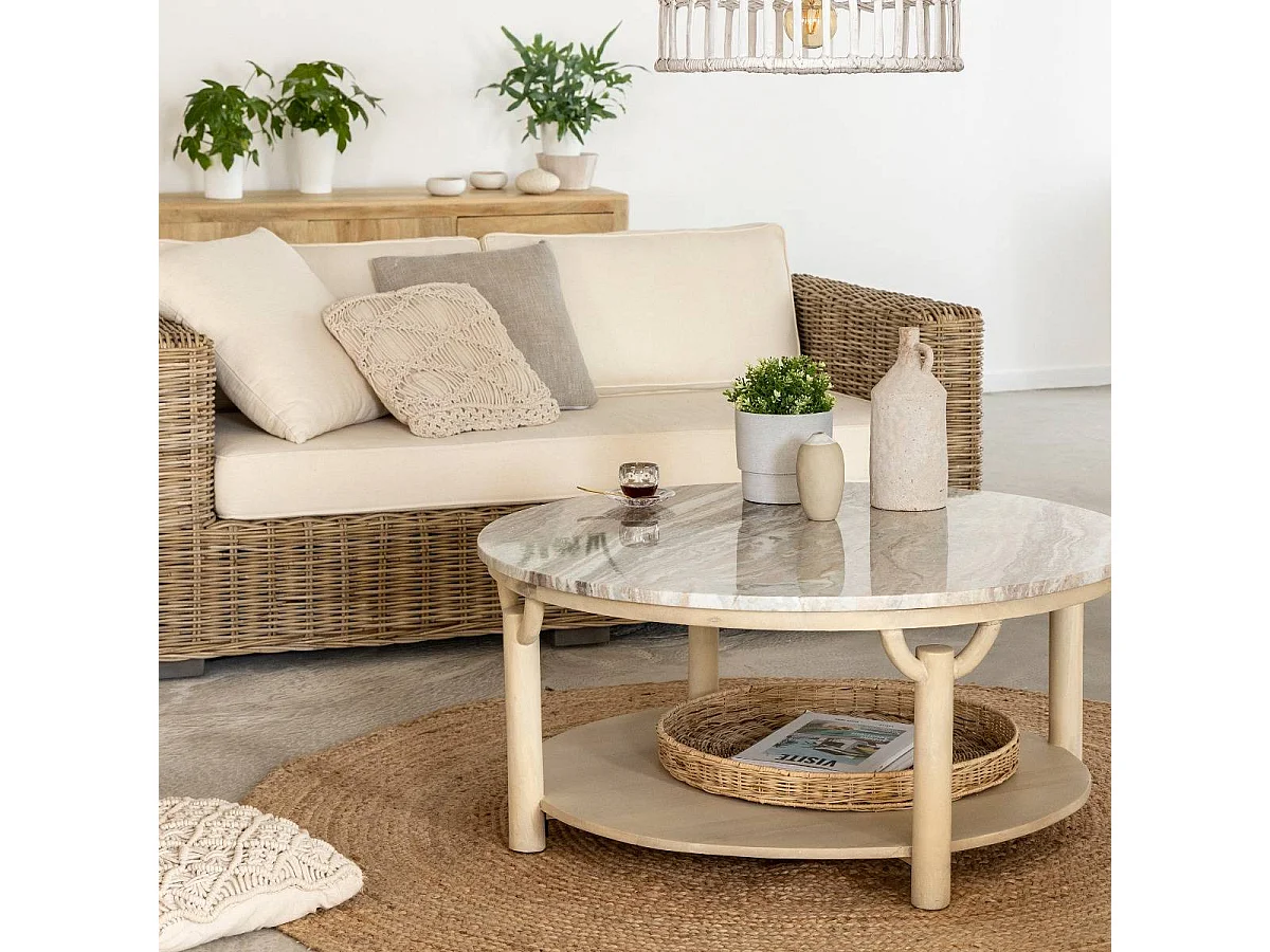 Table basse ronde en bois de manguier et marbre Isabella