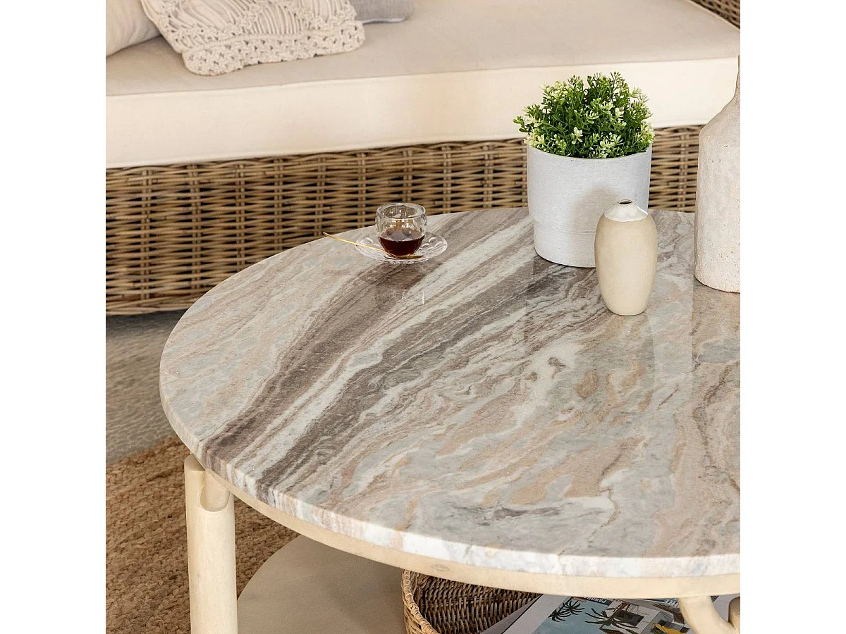 Table basse ronde en bois de manguier et marbre Isabella
