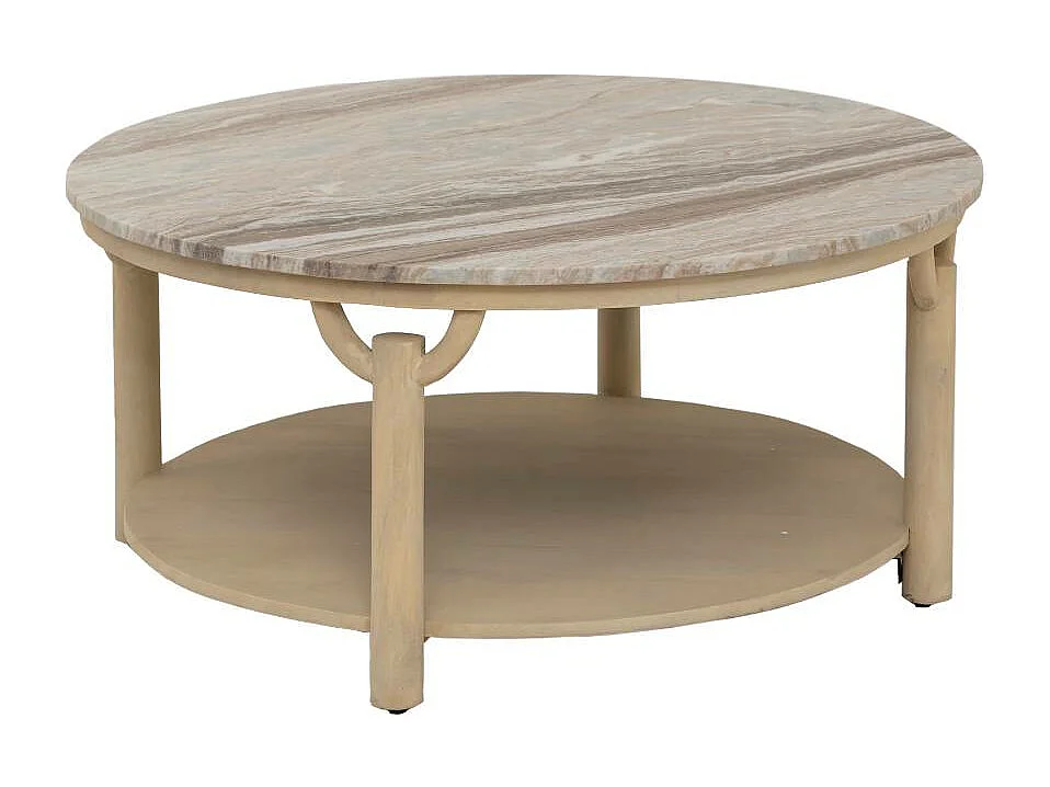 Table basse ronde en bois de manguier et marbre Isabella