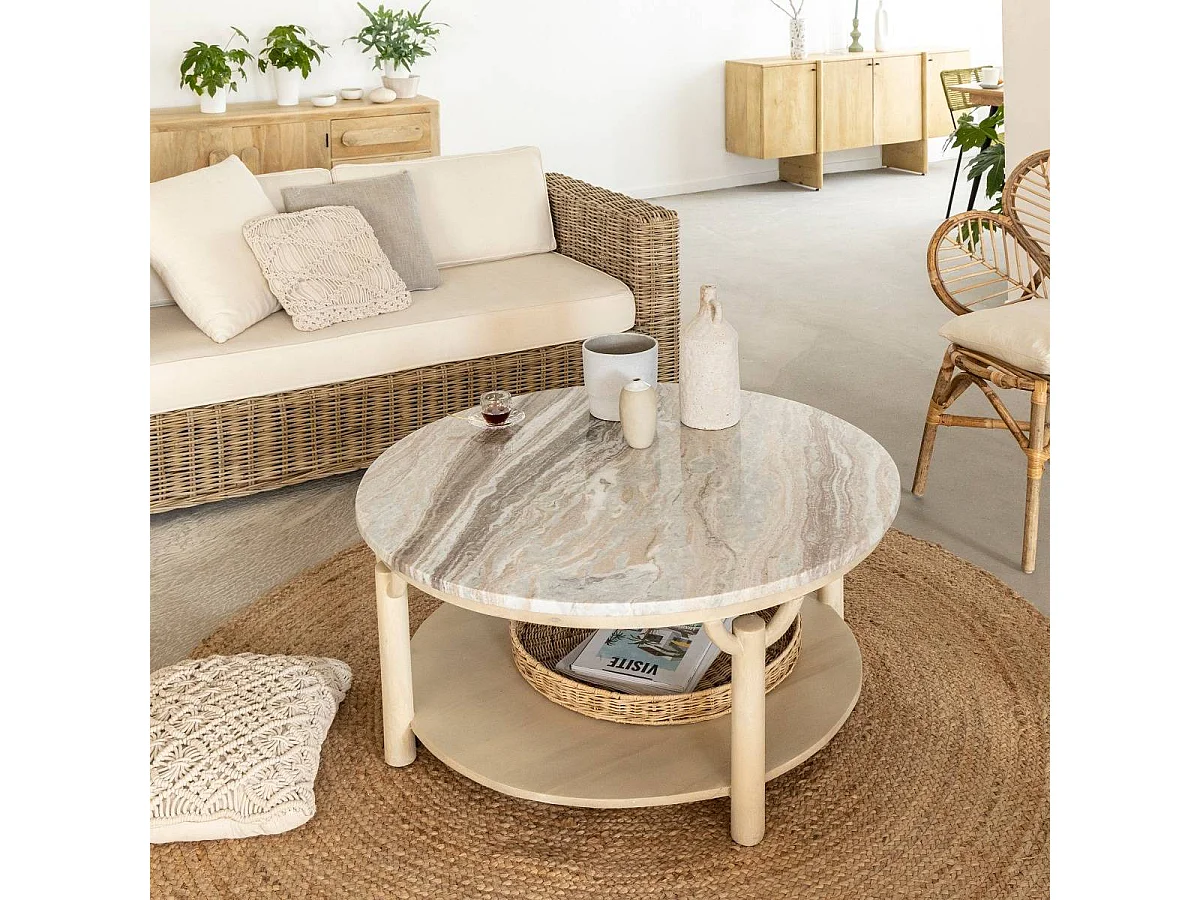 Table basse ronde en bois de manguier et marbre Isabella
