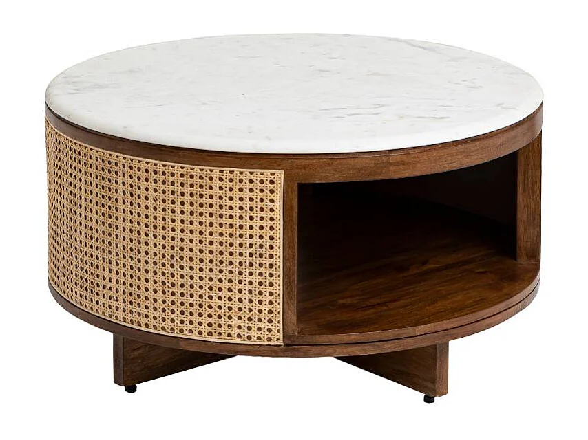 Table basse en bois de manguier, cannage et marbre Brook