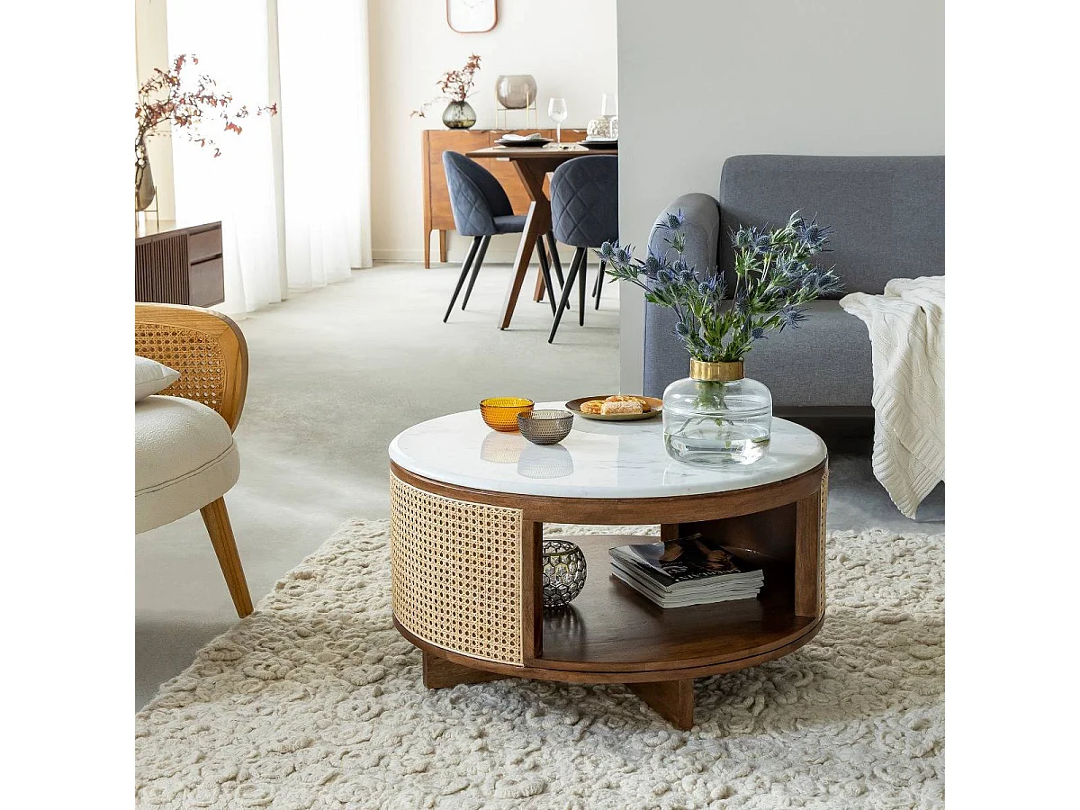 Table basse en bois de manguier, cannage et marbre Brook