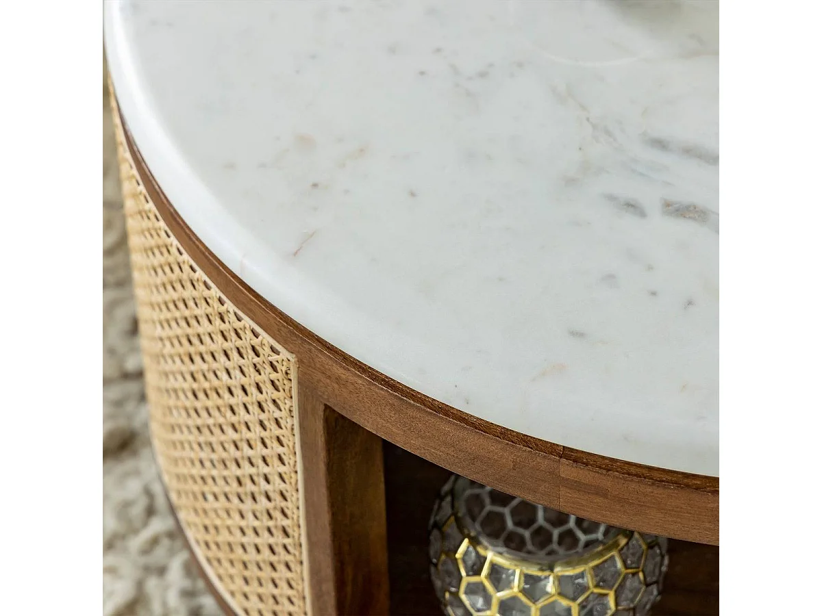 Table basse en bois de manguier, cannage et marbre Brook