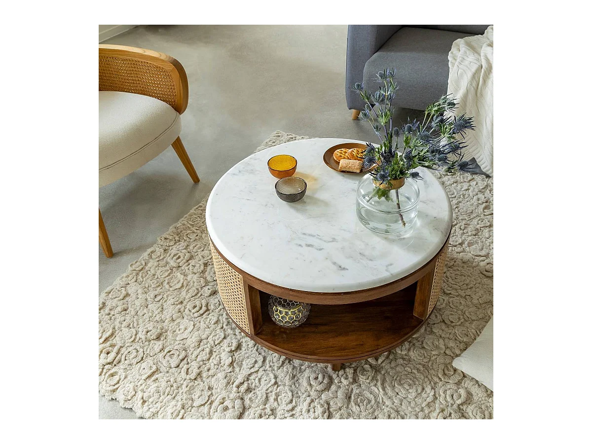 Table basse en bois de manguier, cannage et marbre Brook