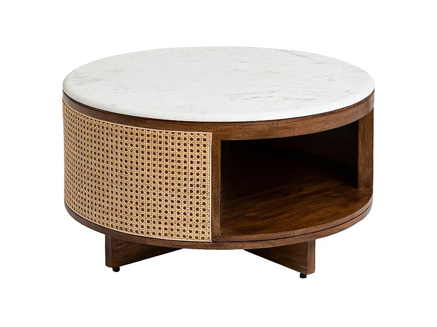 Table basse en bois de manguier, cannage et marbre Brook