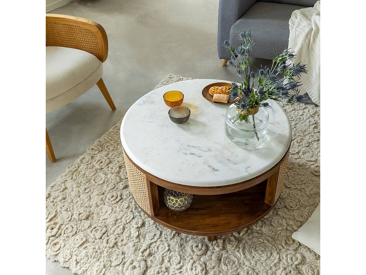 Table basse en bois de manguier, cannage et marbre Brook