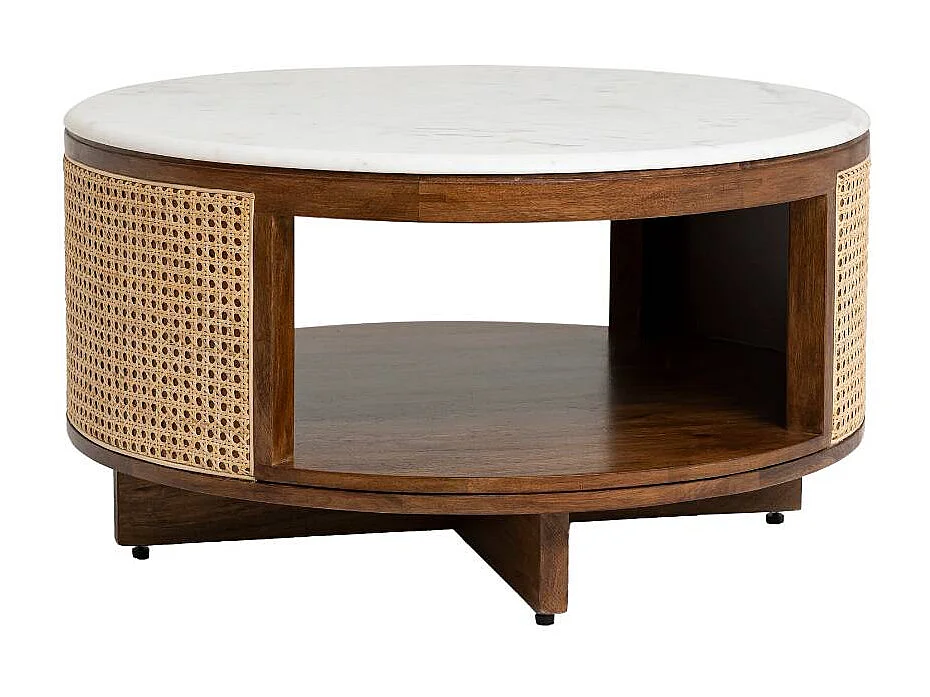 Table basse en bois de manguier, cannage et marbre Brook