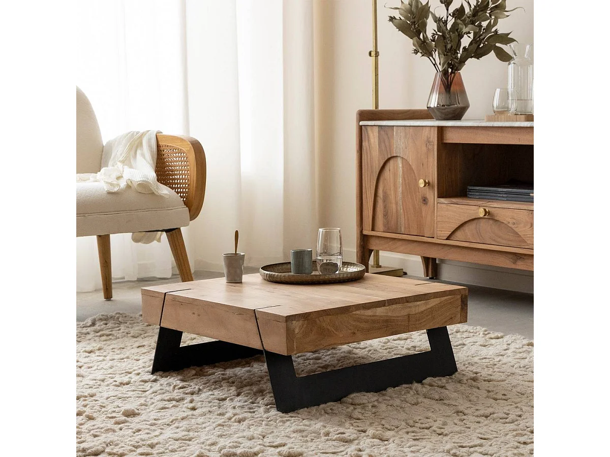 Table basse carrée en bois d'acacia et métal Cassius